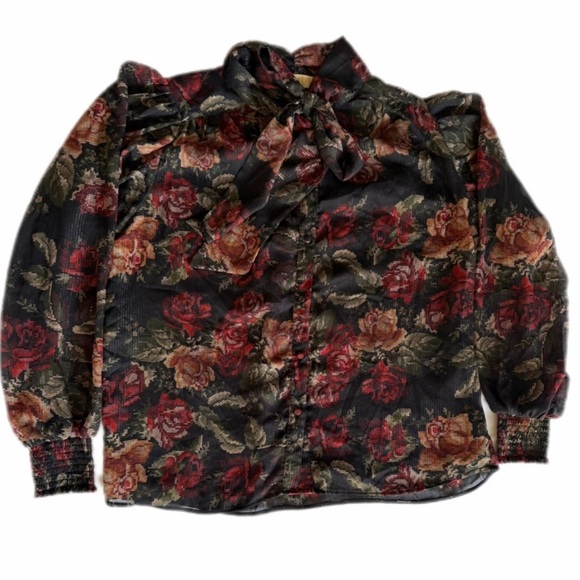 Farmers Market Tops - Farmer’s Market Retro Romantic Flowy Metallic Floral Bow Tie Blouse – Size M